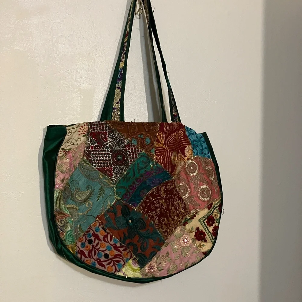 Bohemian patchwork sparkly silk quilted embroidered India shoulder bag metallic